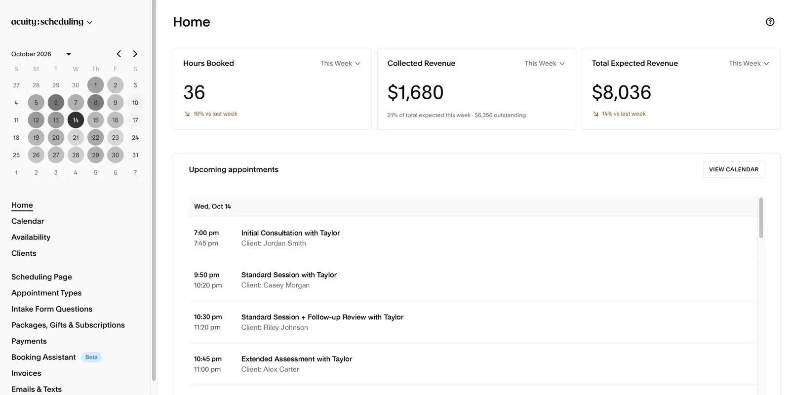 Acuity Scheduling home dashboard with upcoming appointments